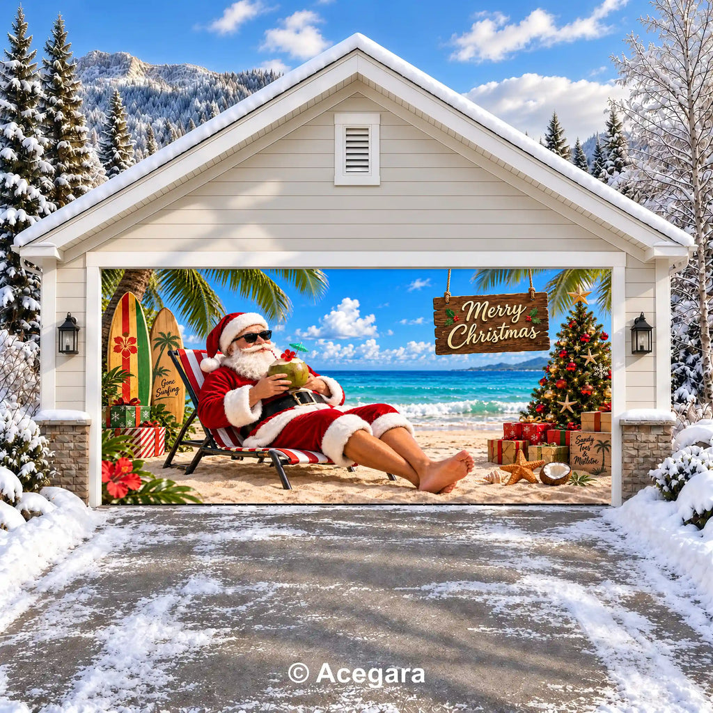 Tropical Santa Christmas | Christmas garage door cover - media-position-2-double-wide