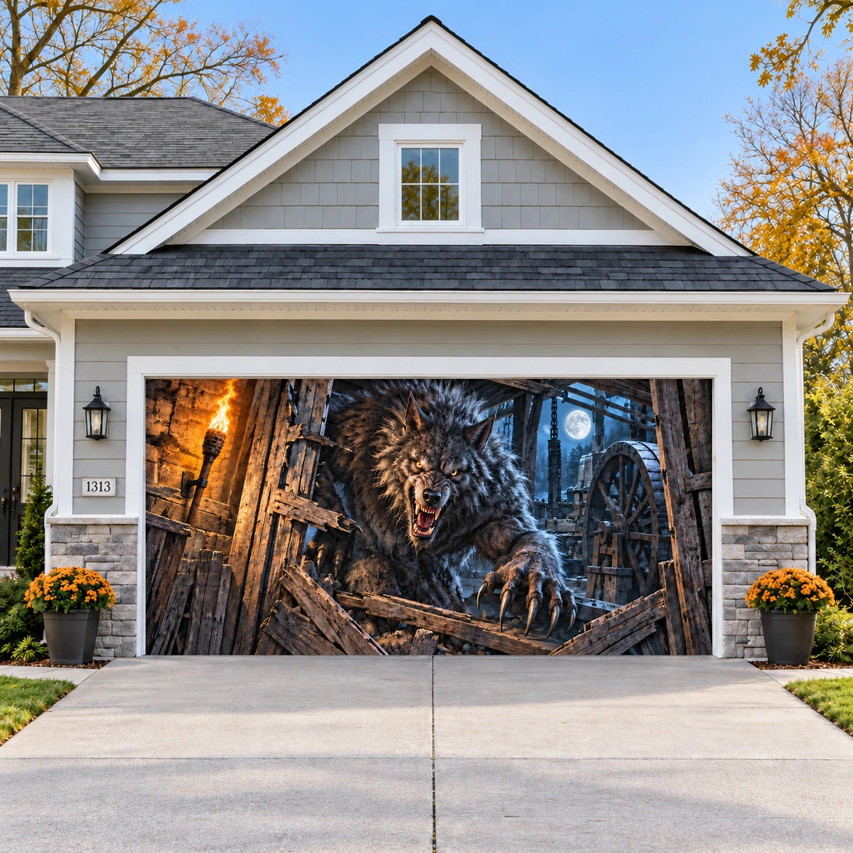 Werewolf Rampage Halloween garage door cover - double wide