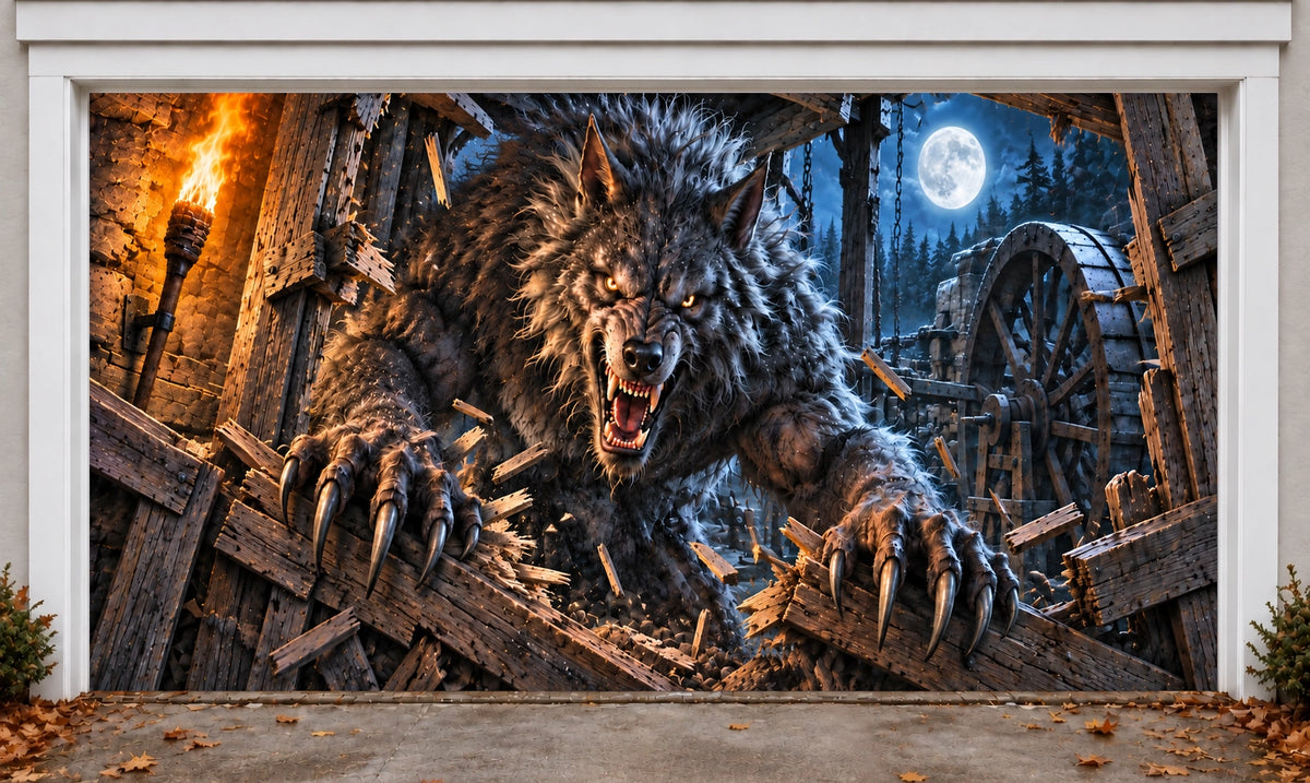Werewolf Rampage | Halloween Garage Door Cover installed on a garage door