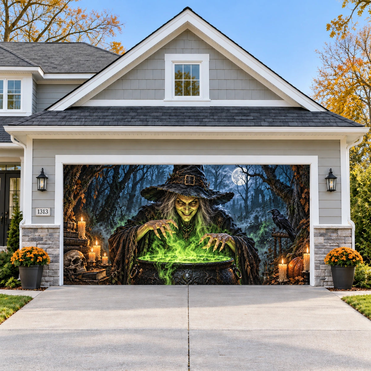 Witch's Brew Halloween garage door cover - double wide