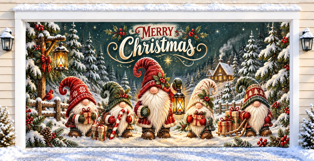 Woodland Gnomes | Christmas garage door cover — after installation