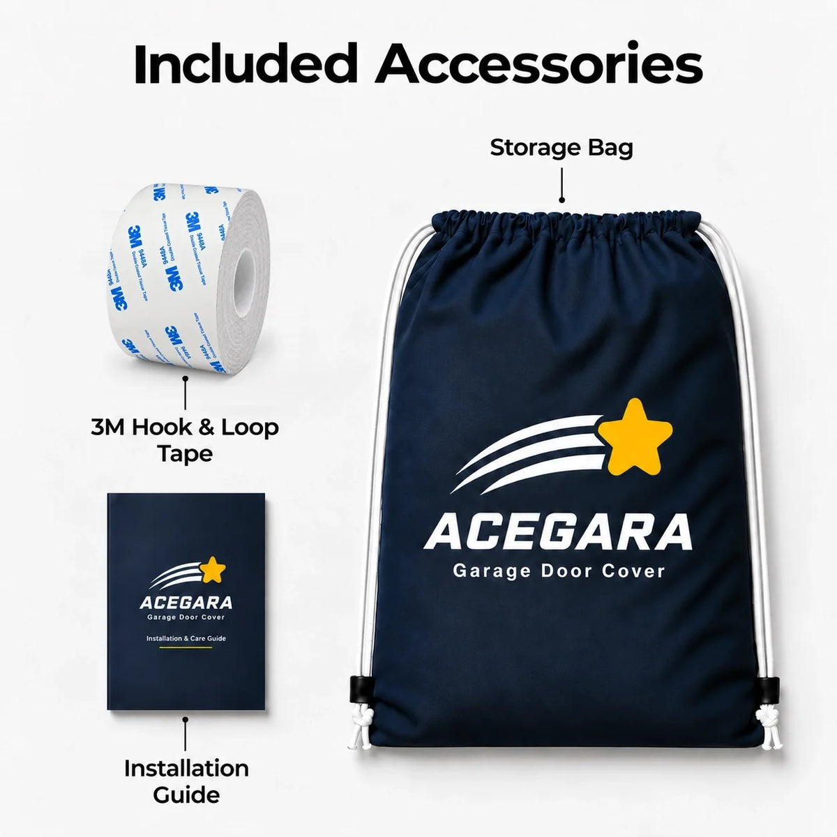 Included accessories: 3M hook and loop tape, storage bag and installation guide