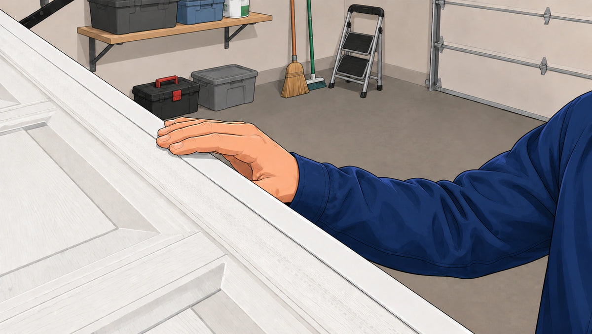 Hidden hook-and-loop installation along the top edge of a sectional garage door