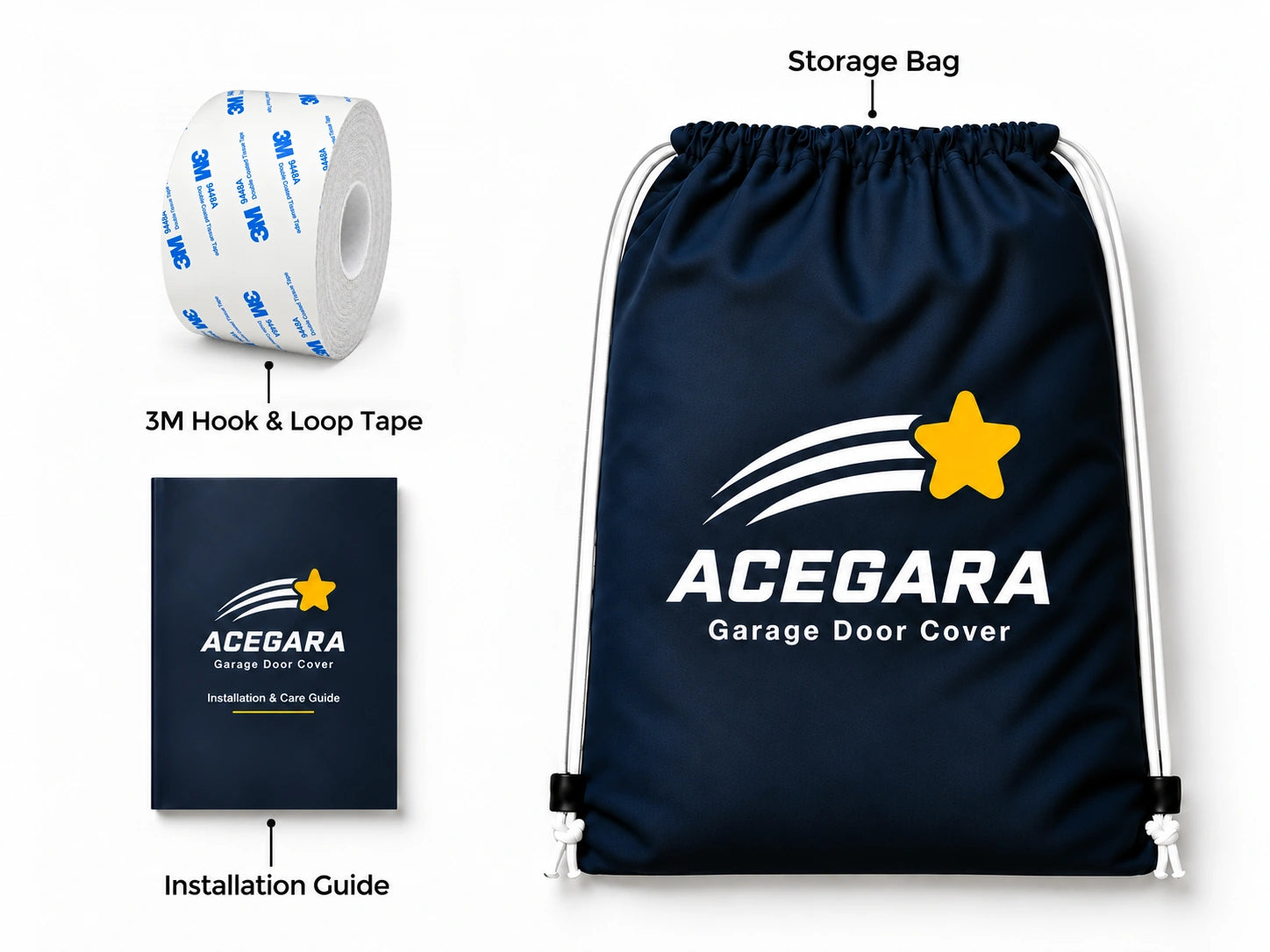 Adhesive hook-and-loop tape, reusable drawstring storage bag, and installation guide